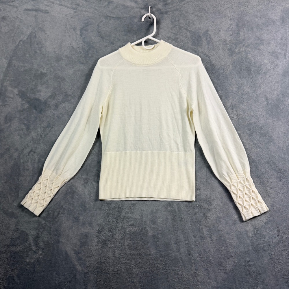 Elie Tahari Womens S Cream Mock Neck Sweater Smocked Cuff Merino Wool Luxury